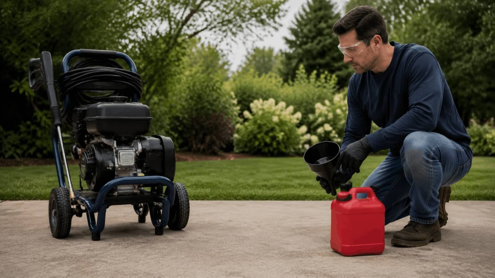 A person preparing to refuel a gas pressure washer safely outdoors using a clean funnel and red gas can.