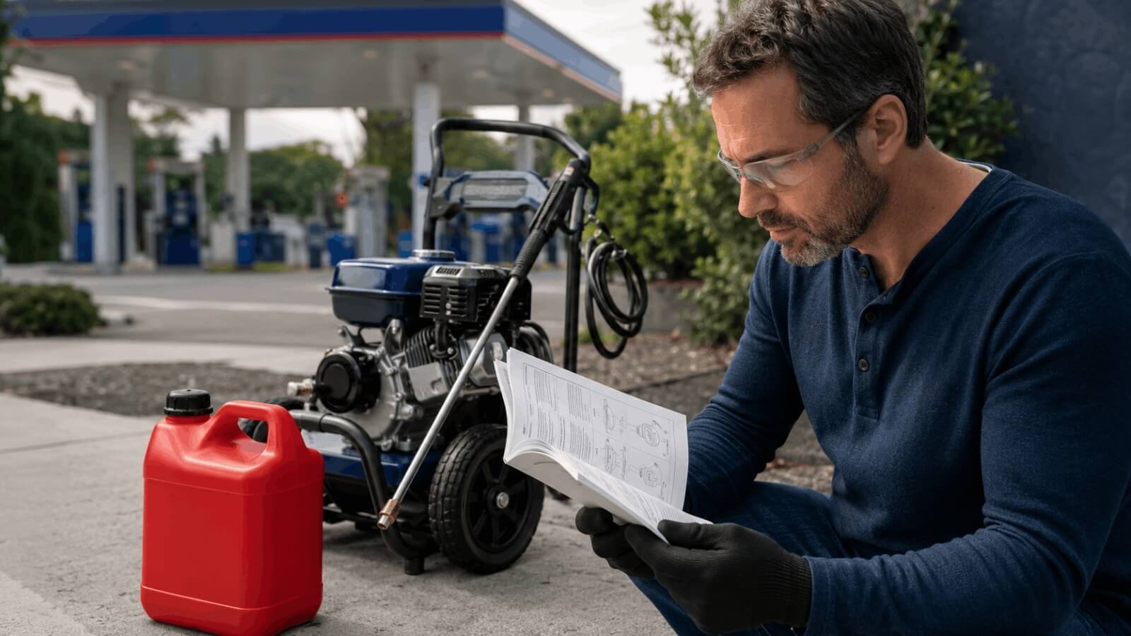 A man wearing safety glasses reading the pressure washer manual to verify correct fuel and oil requirements.