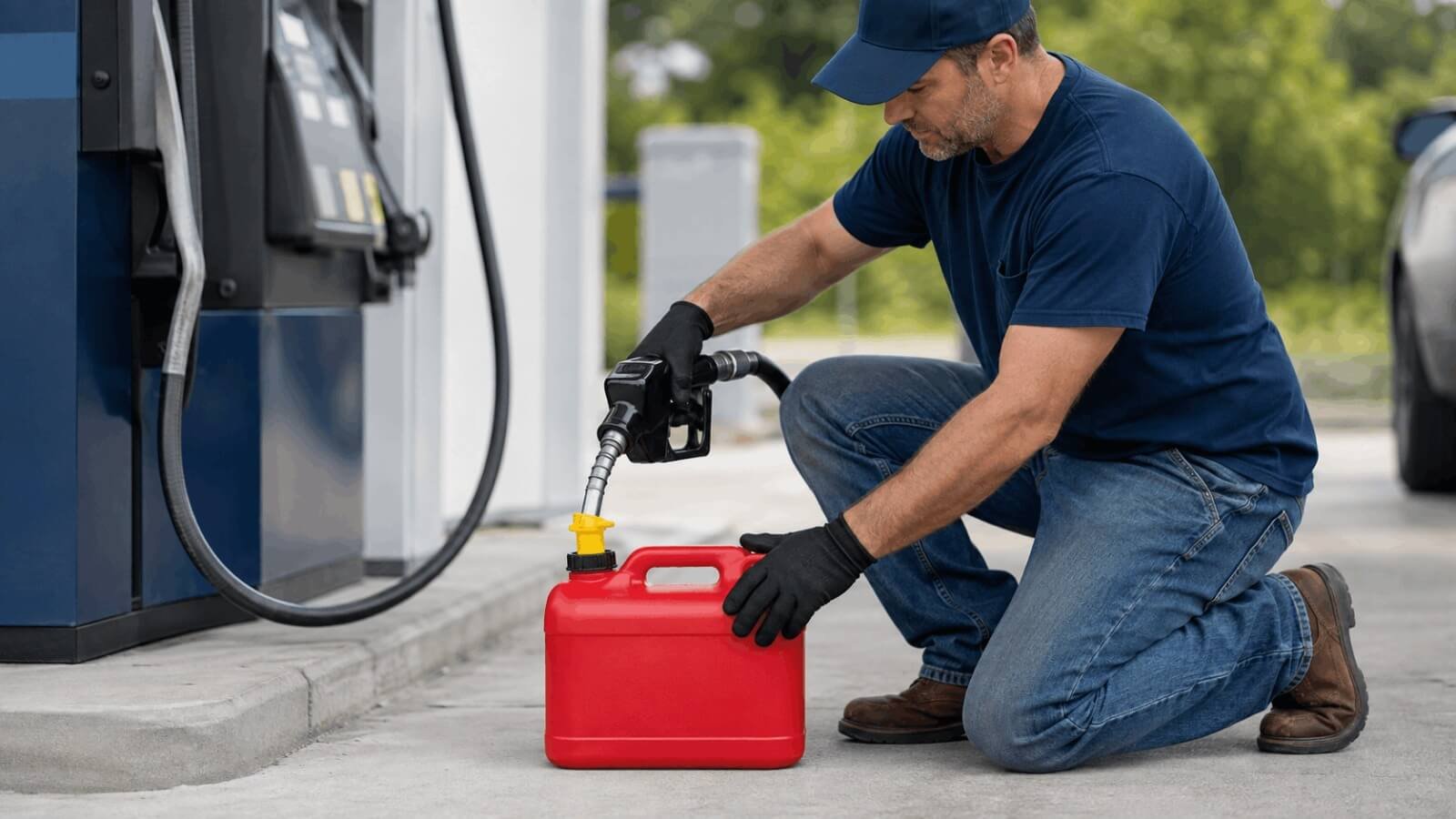 A man filling a red approved gasoline container at a gas station pump with proper safety gloves.