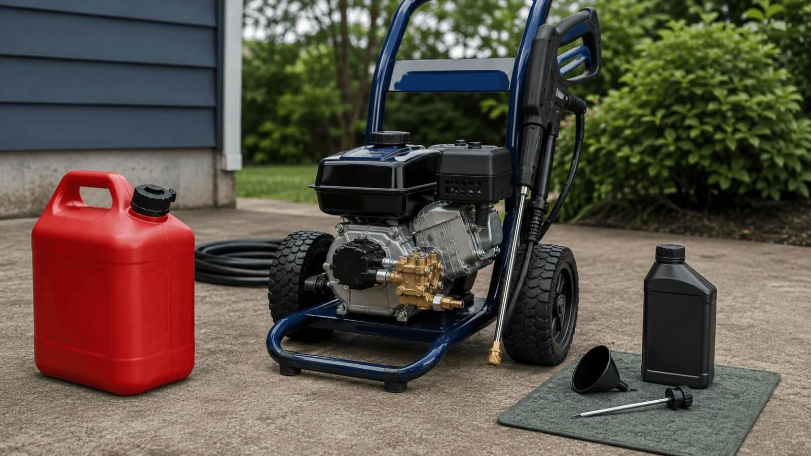 A gas pressure washer sitting outdoors with a red gasoline container, oil bottle, and funnel on the ground.