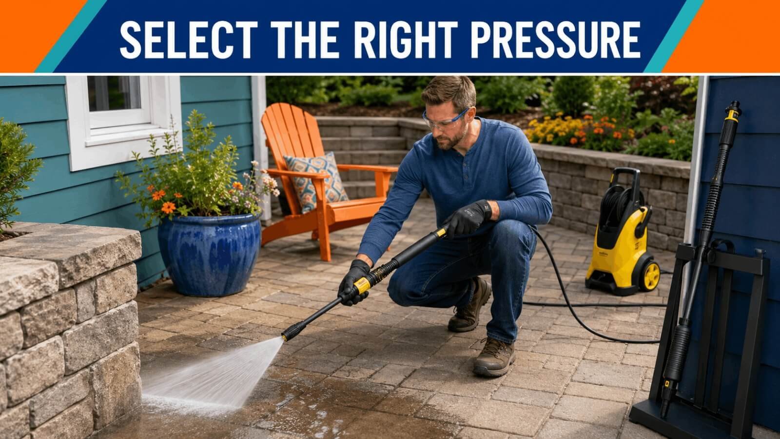 Adjusting pressure setting on Kärcher pressure washer lance for surface cleaning