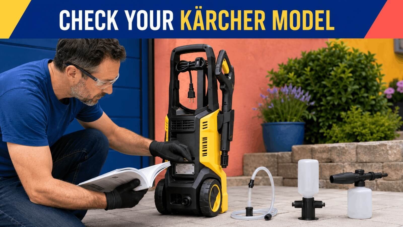 Checking Kärcher pressure washer model rating plate and instruction manual