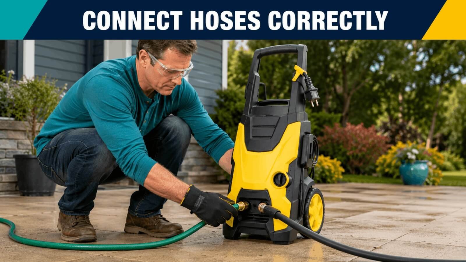Man connecting high pressure and garden water hose to Kärcher unit correctly