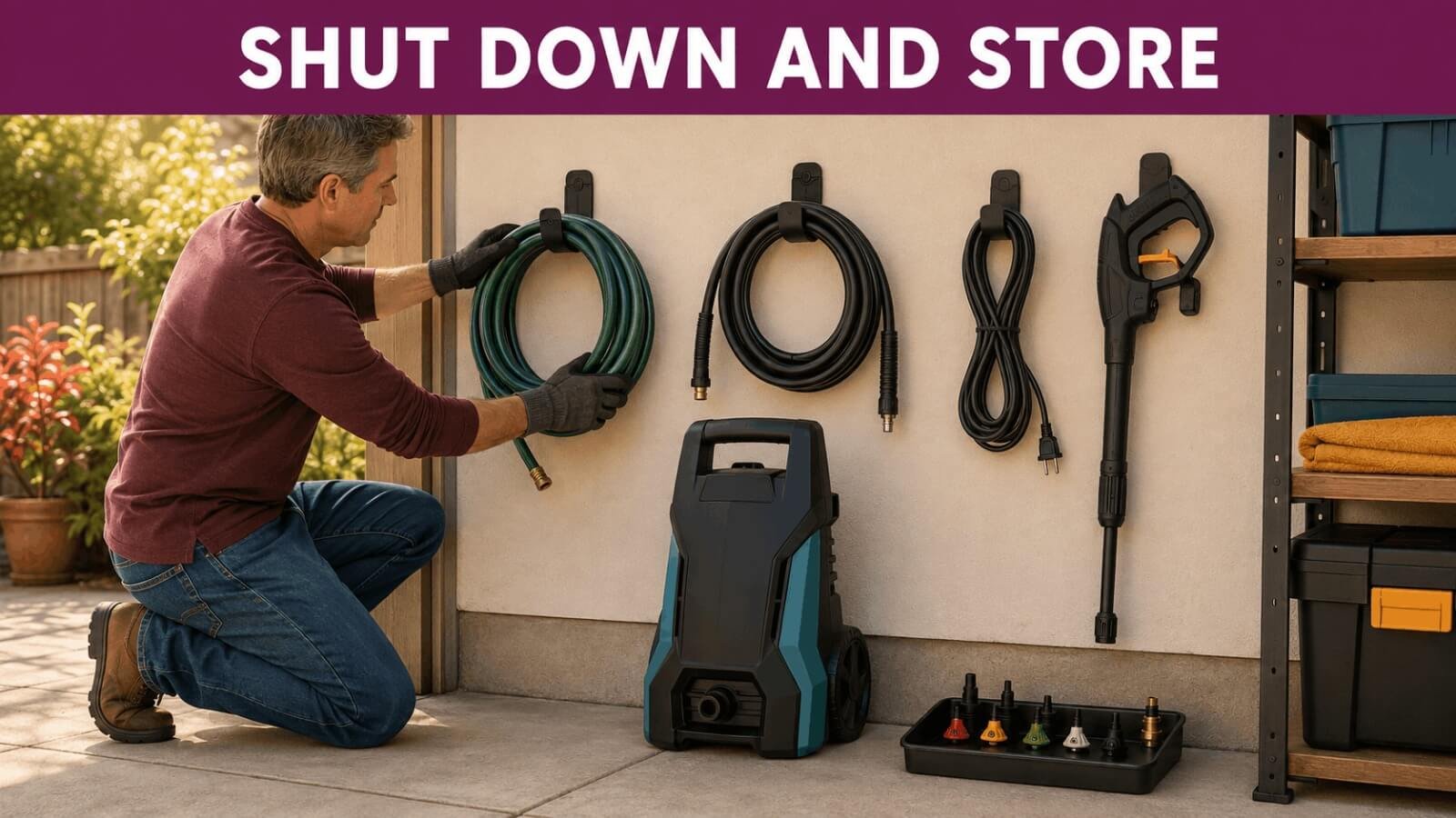 Electric pressure washer with neatly coiled hose, power cord, and spray gun organized for storage