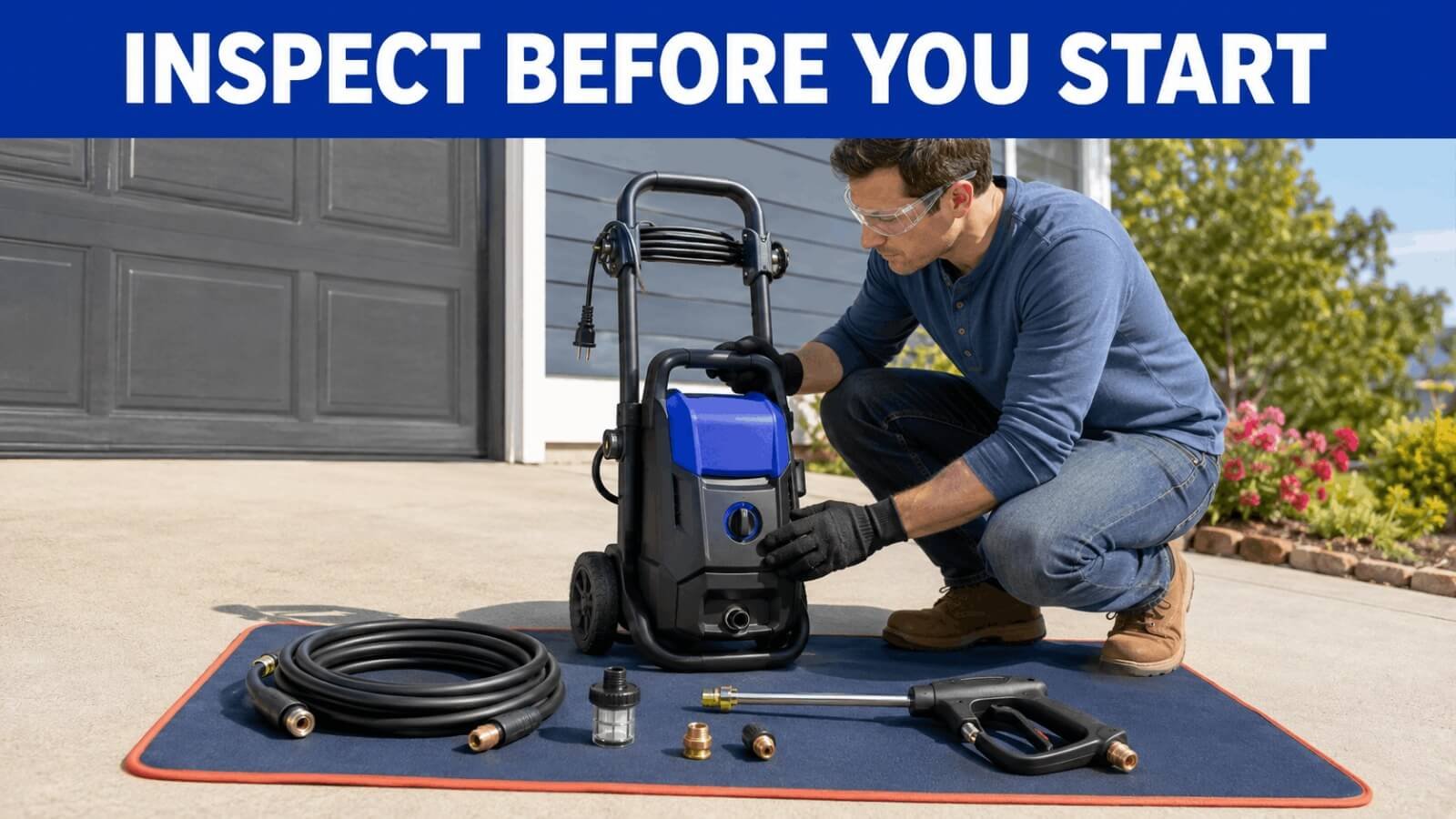 A man inspecting an electric pressure washer and its accessories before starting work