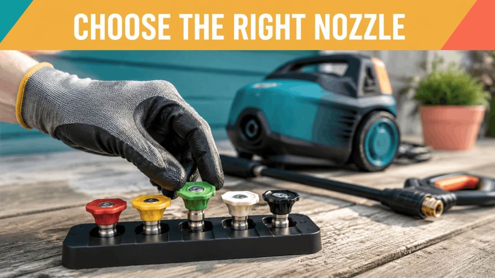 Gloved hand choosing the correct color-coded pressure washer nozzle tip