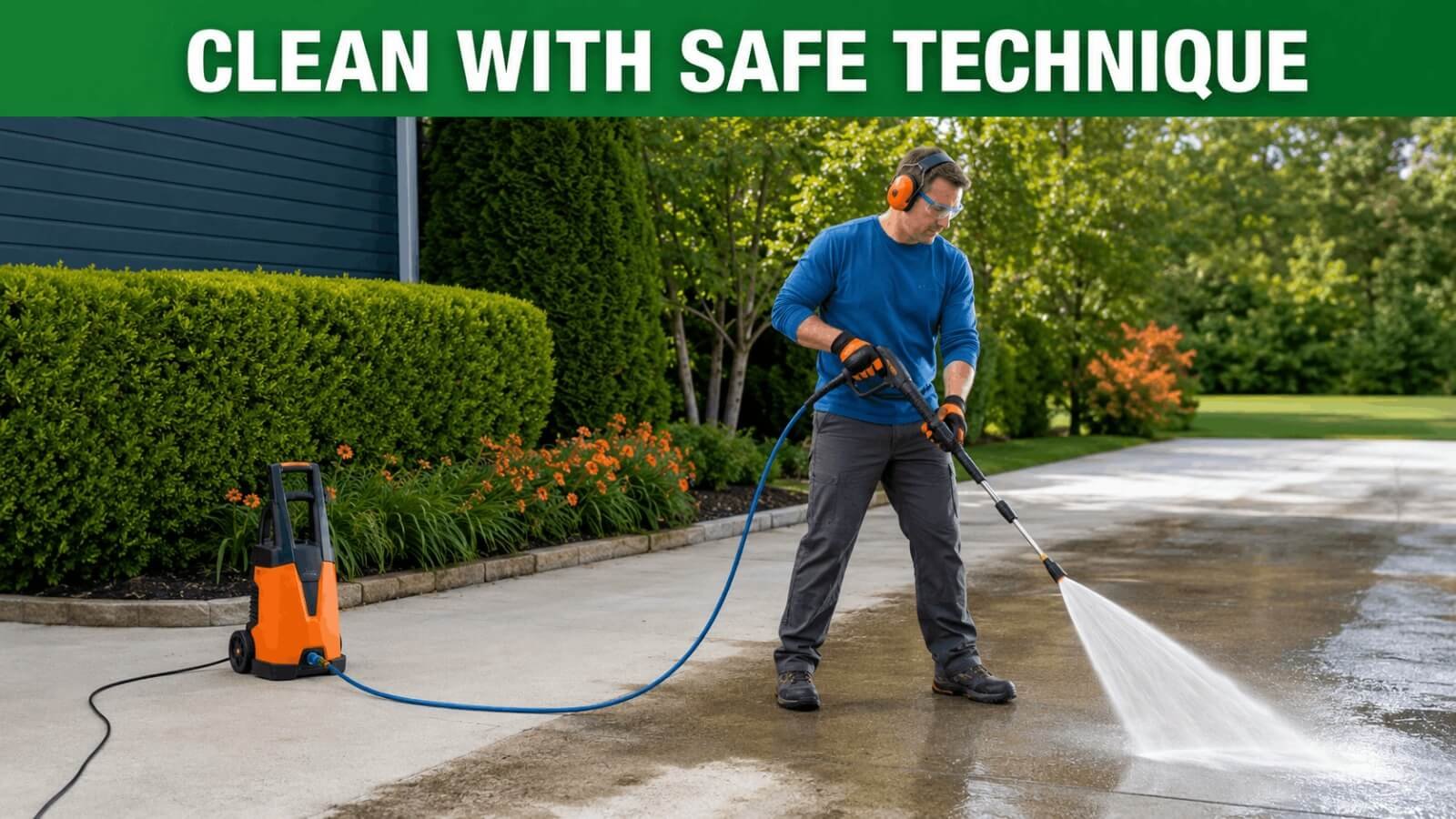 Man wearing safety gear using controlled overlapping passes to pressure wash a driveway