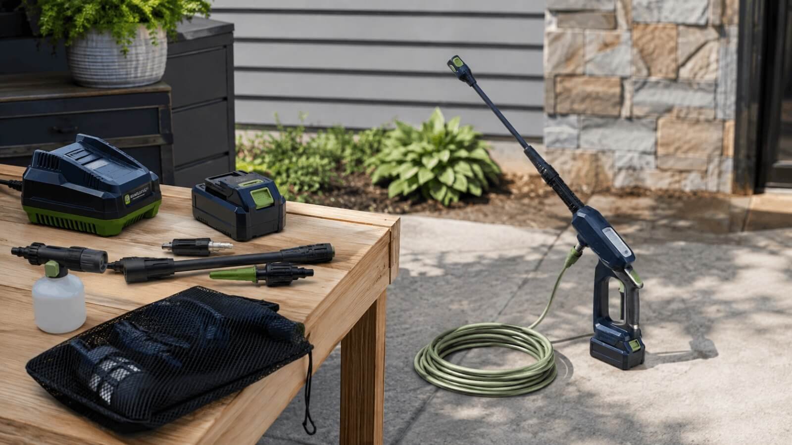 Cordless battery-powered pressure washer wand resting on a patio next to dual battery packs and charger