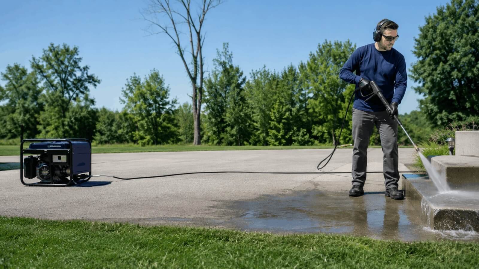 Man operating a pressure washer powered by a portable generator set up outdoors on a driveway
