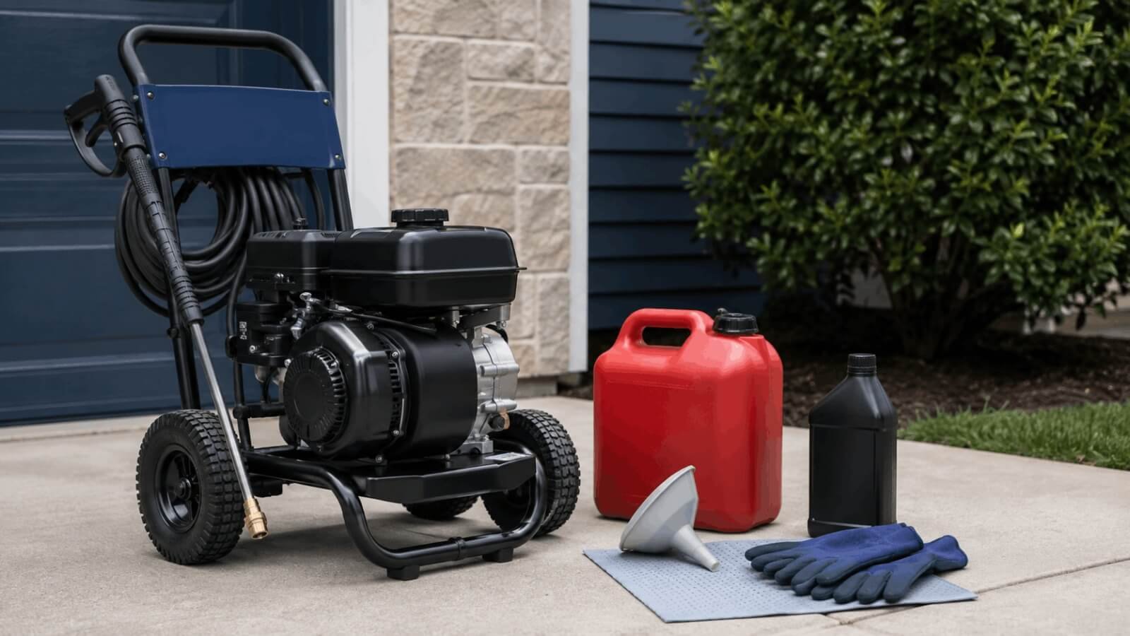 Gas pressure washer placed on concrete next to a red fuel gas can, oil bottle, and funnel