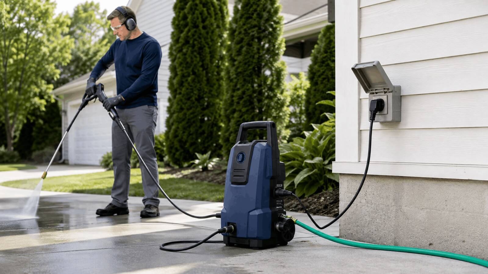 Man using an electric pressure washer plugged directly into a grounded GFCI outdoor wall outlet