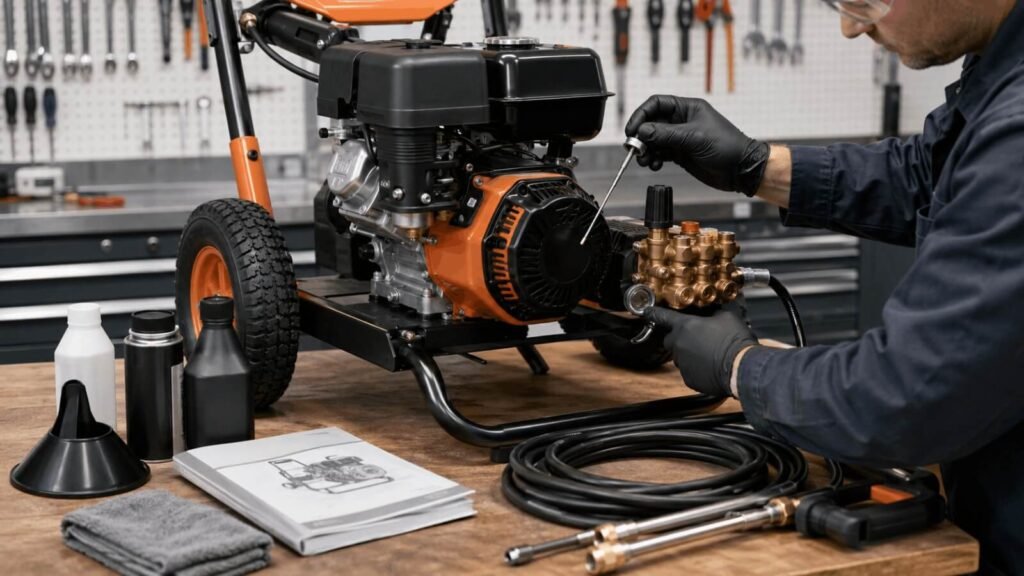 Technician checking oil and maintaining Simpson 3500 PSI pressure washer with manual and tools