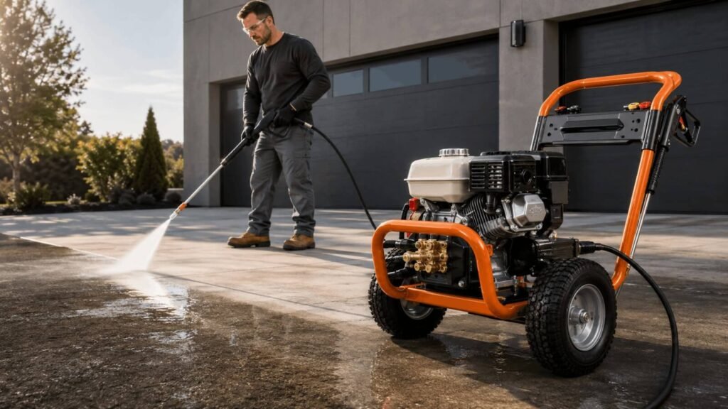 Man pressure washing a concrete garage driveway using Simpson 3500 PSI gas pressure washer
