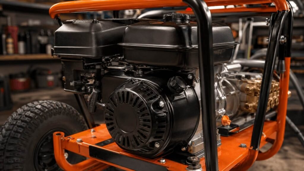 Close up of Honda GX200 commercial series engine on Simpson 3500 PSI pressure washer