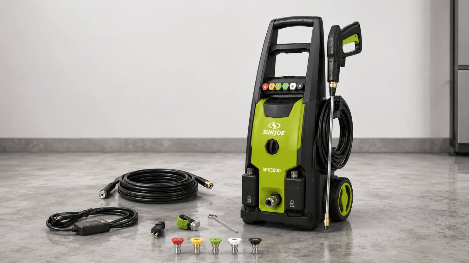 Sun Joe SPX3000 pressure washer displayed with extension hose, power cord, spray wand, and 5 quick connect nozzles.