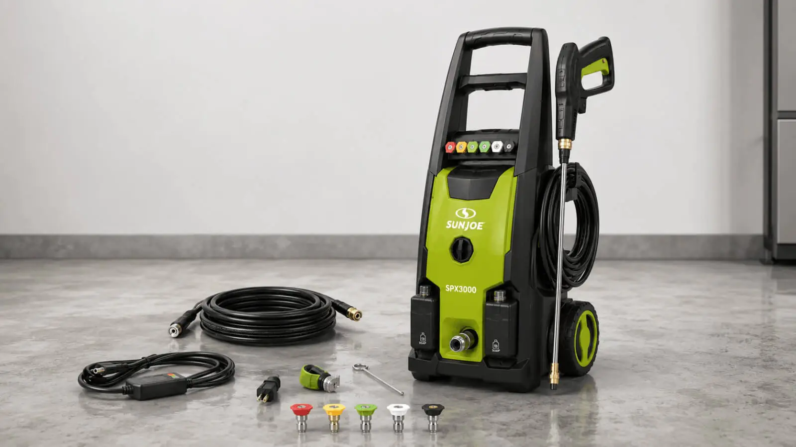 Sun Joe SPX3000 pressure washer displayed with extension hose, power cord, spray wand, and 5 quick connect nozzles.
