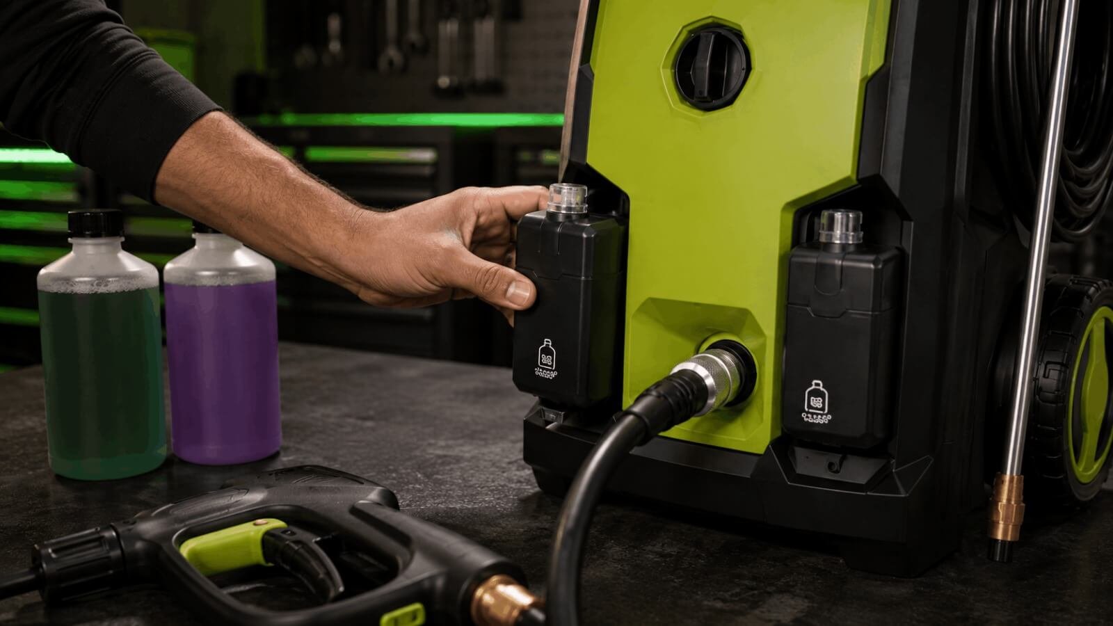 User inserting a soap bottle into the dual detergent tank system of the Sun Joe SPX3000 electric pressure washer.