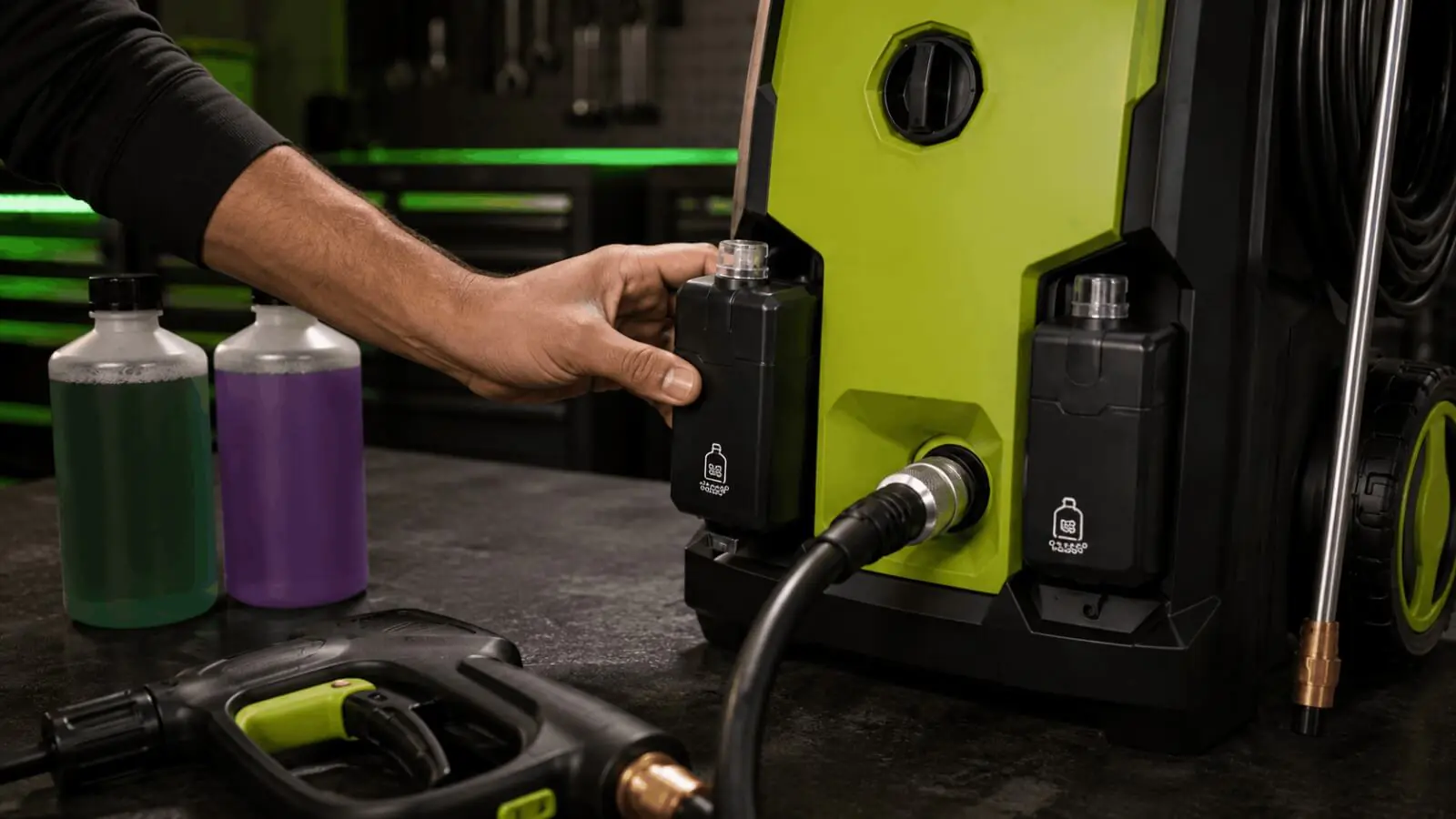 User inserting a soap bottle into the dual detergent tank system of the Sun Joe SPX3000 electric pressure washer.
