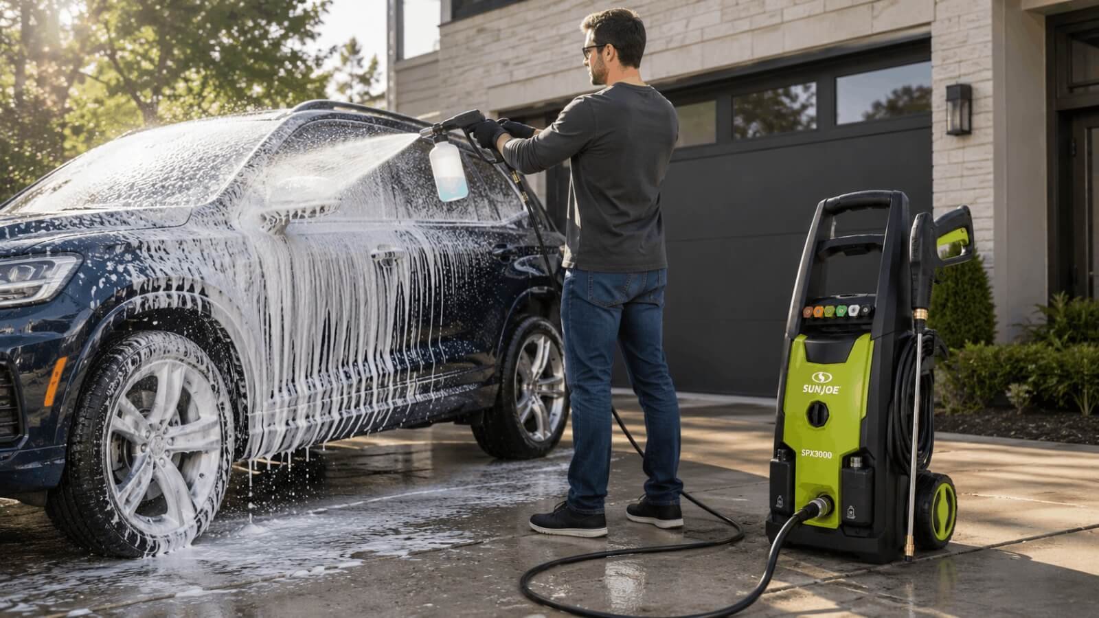 Man using Sun Joe SPX3000 pressure washer with foam cannon attachment to wash a black car in driveway.