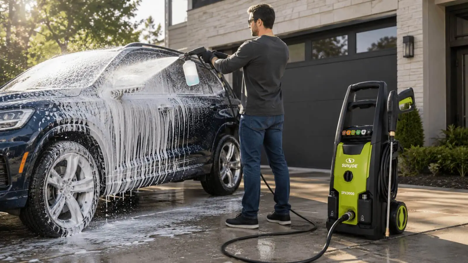 Man using Sun Joe SPX3000 pressure washer with foam cannon attachment to wash a black car in driveway.