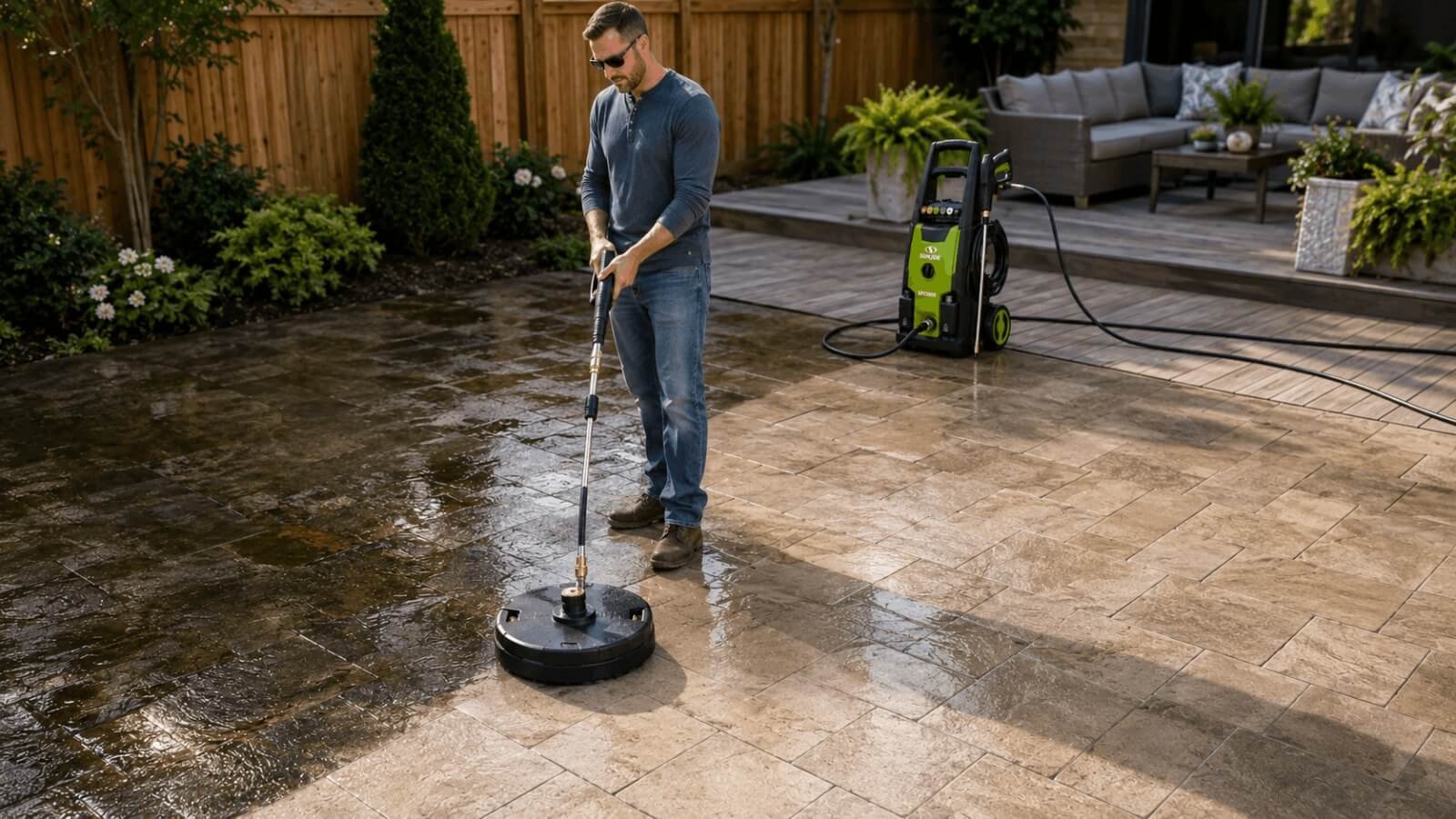 Man cleaning stone patio pavers using Sun Joe SPX3000 pressure washer with a round surface cleaner attachment.