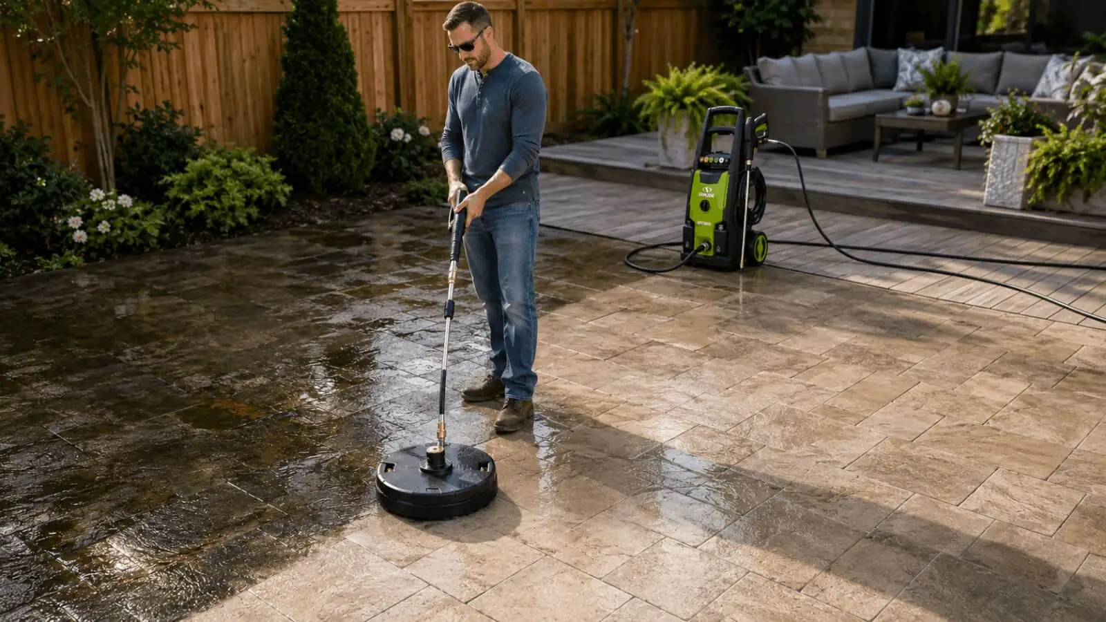 Man cleaning stone patio pavers using Sun Joe SPX3000 pressure washer with a round surface cleaner attachment.