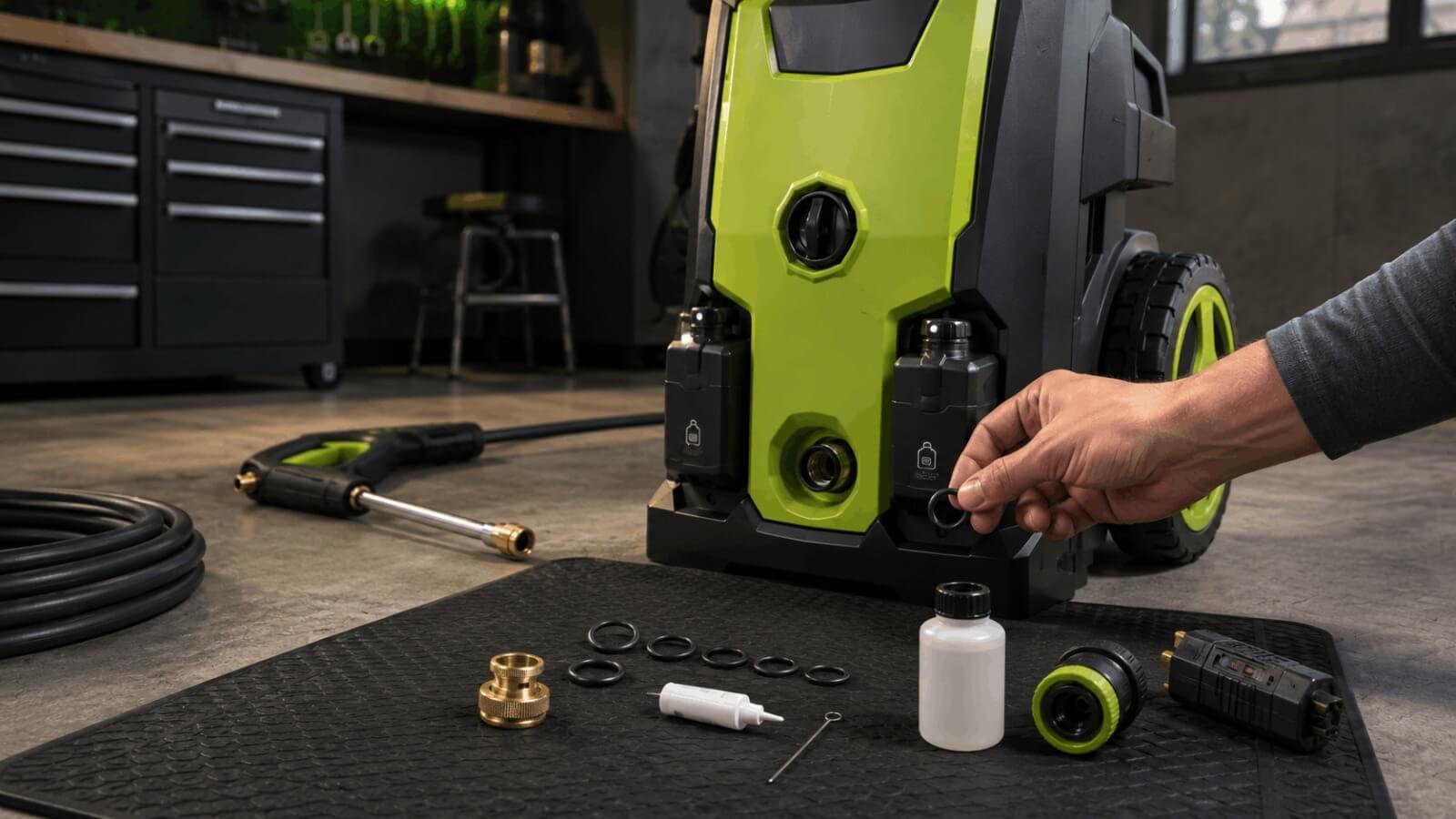 User servicing Sun Joe SPX3000 pressure washer showing rubber O-rings, adapter, and cleaning needle maintenance kit.
