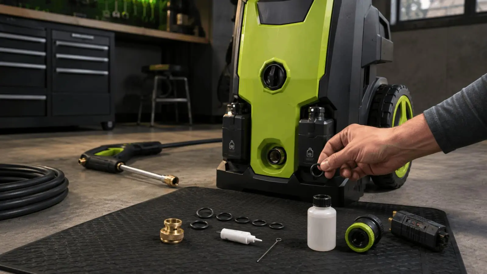 User servicing Sun Joe SPX3000 pressure washer showing rubber O-rings, adapter, and cleaning needle maintenance kit.