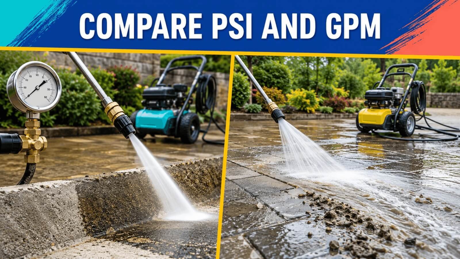 Pressure washer hose spraying water with pressure gauge comparing PSI force and GPM flow rate.
