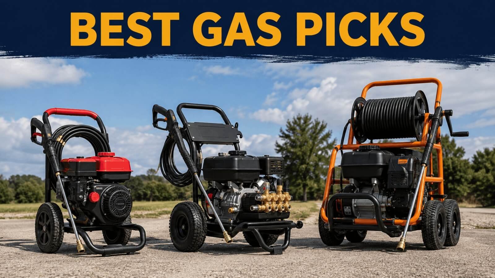 Three top-rated residential and heavy-duty gas pressure washers lined up outdoors.