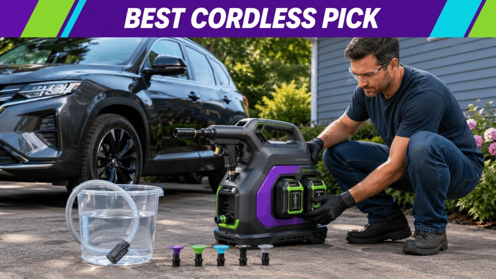 Person setting up a portable battery-powered cordless pressure washer next to a car.