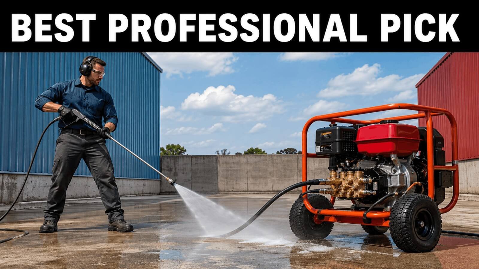 Professional contractor using a high-PSI commercial gas pressure washer for surface cleaning.