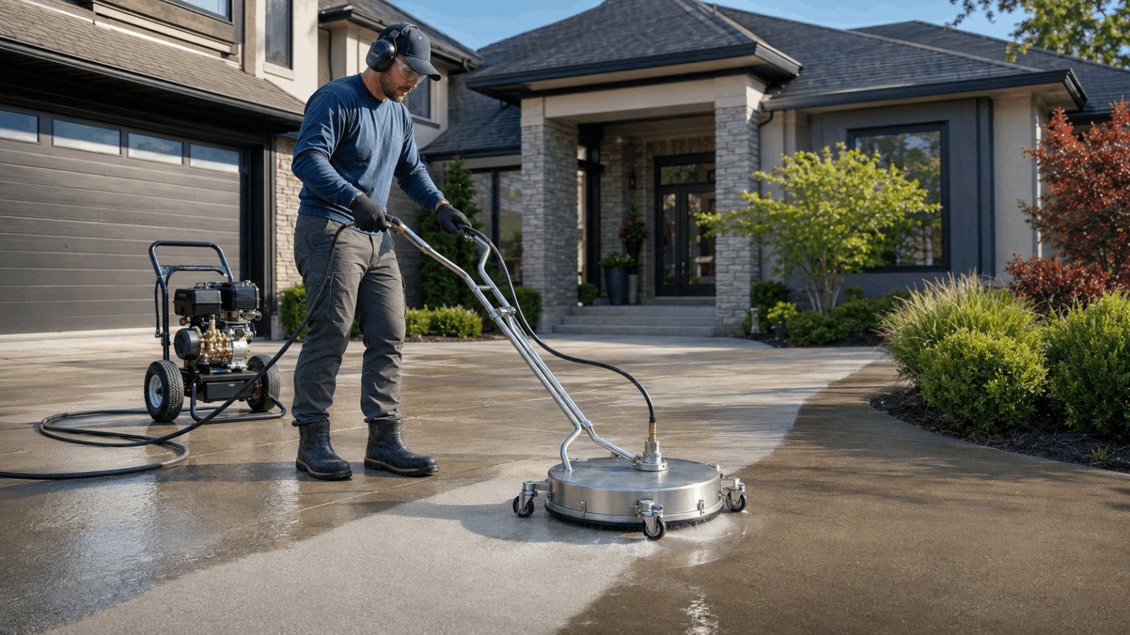 Professional contractor using a high GPM pressure washer with a surface cleaner on a concrete driveway