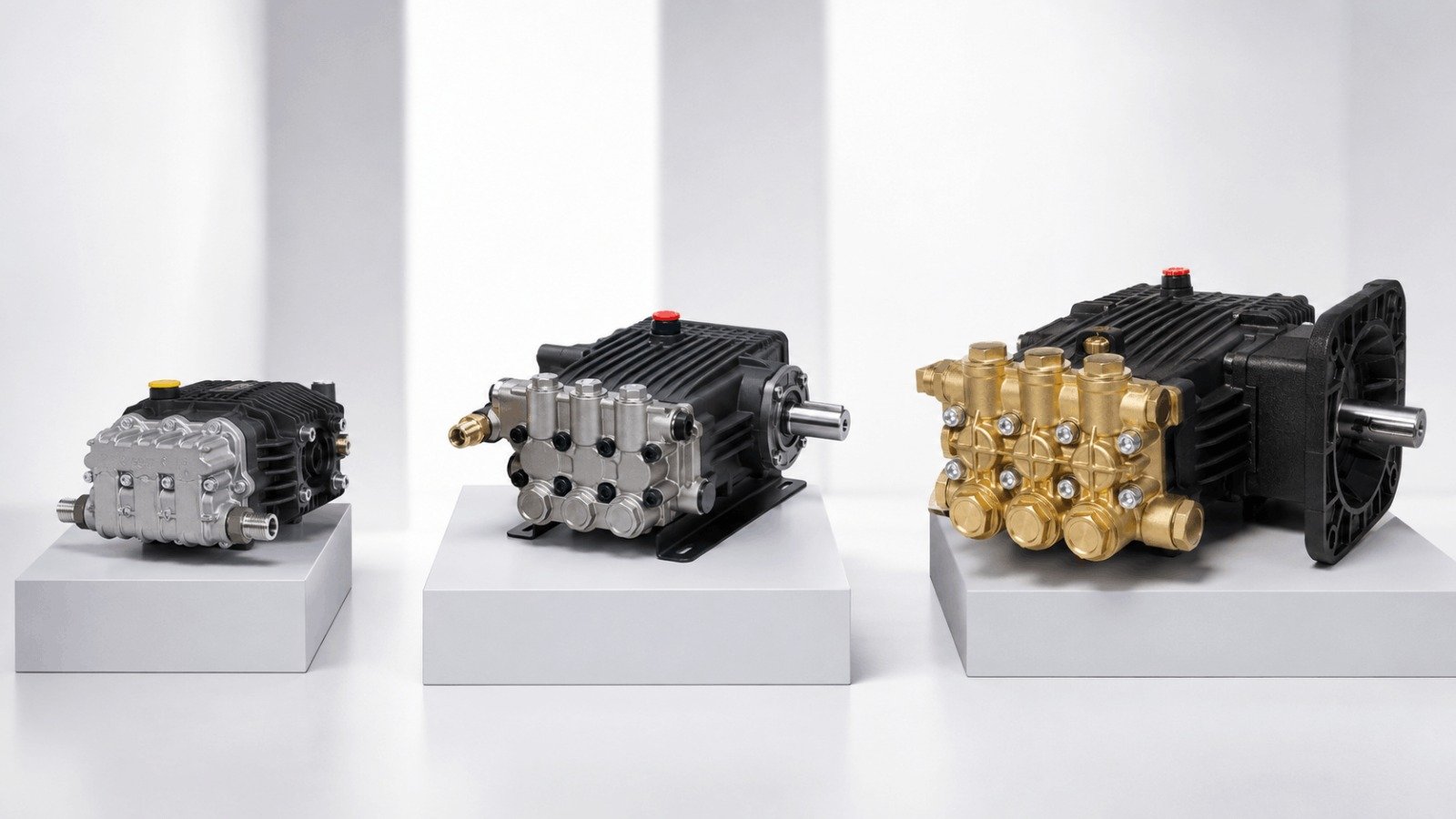 Three different triplex pressure washer pump sizes and manifold materials compared