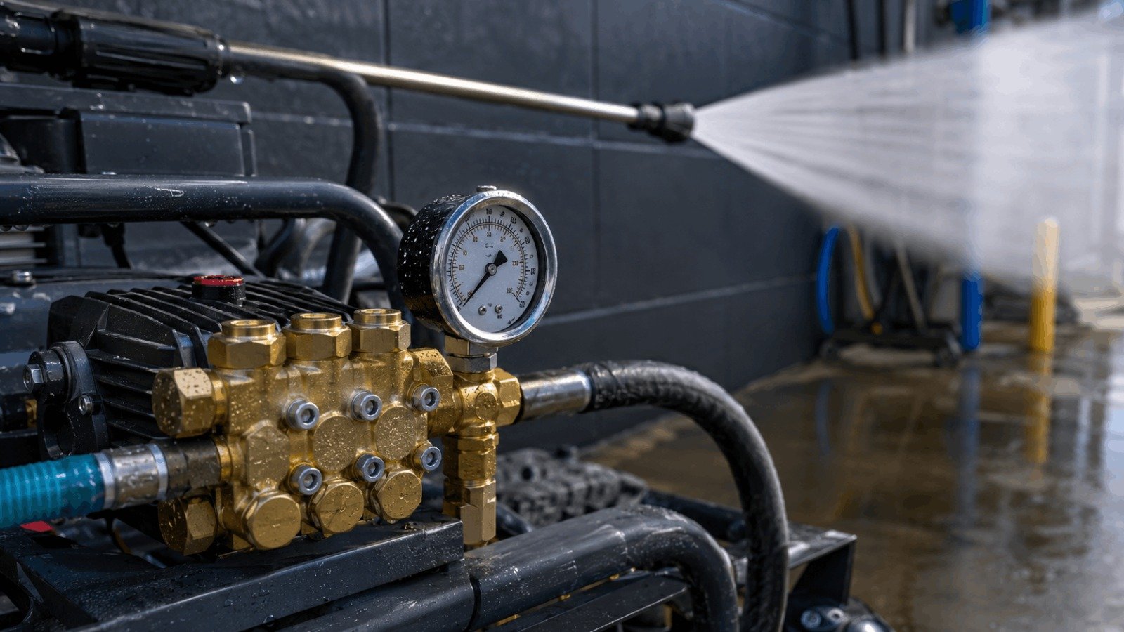 High pressure washer pump with pressure gauge operating during heavy duty cleaning