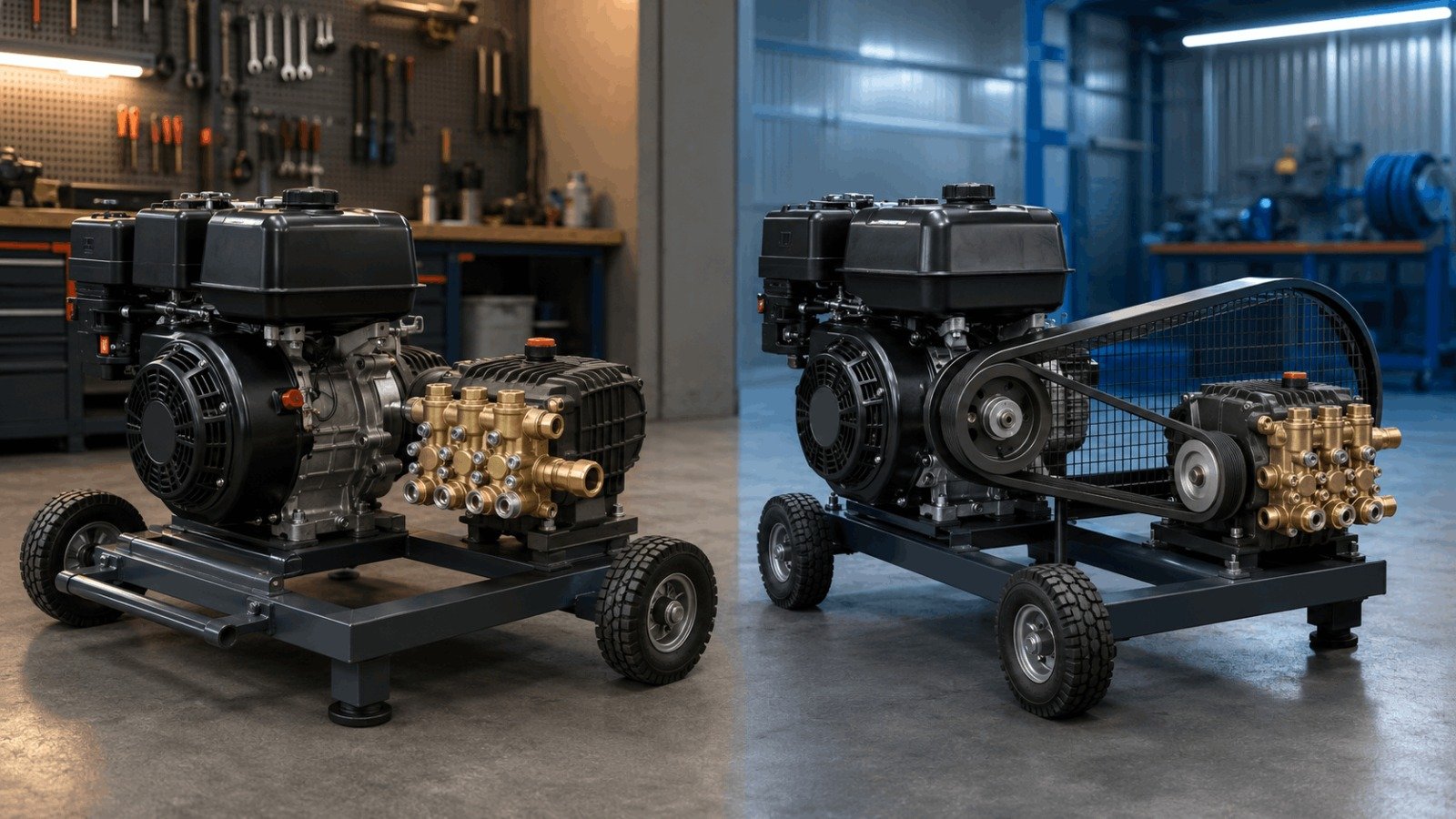 Direct-drive pressure washer pump vs belt-drive pressure washer pump setup comparison