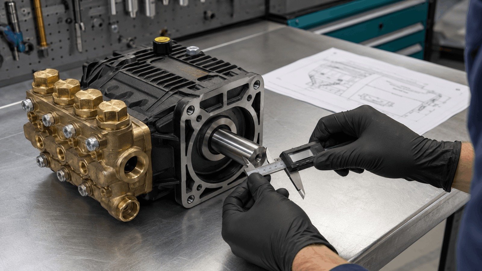 Technician using a digital caliper to measure the shaft diameter of a triplex pressure washer pump