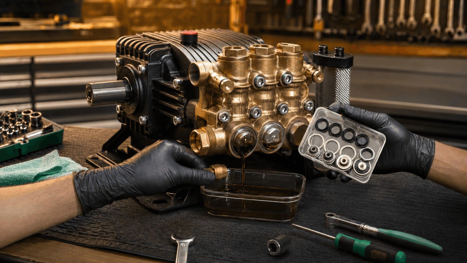 Mechanic draining crankcase oil and replacing rubber seals on a triplex pump workbench