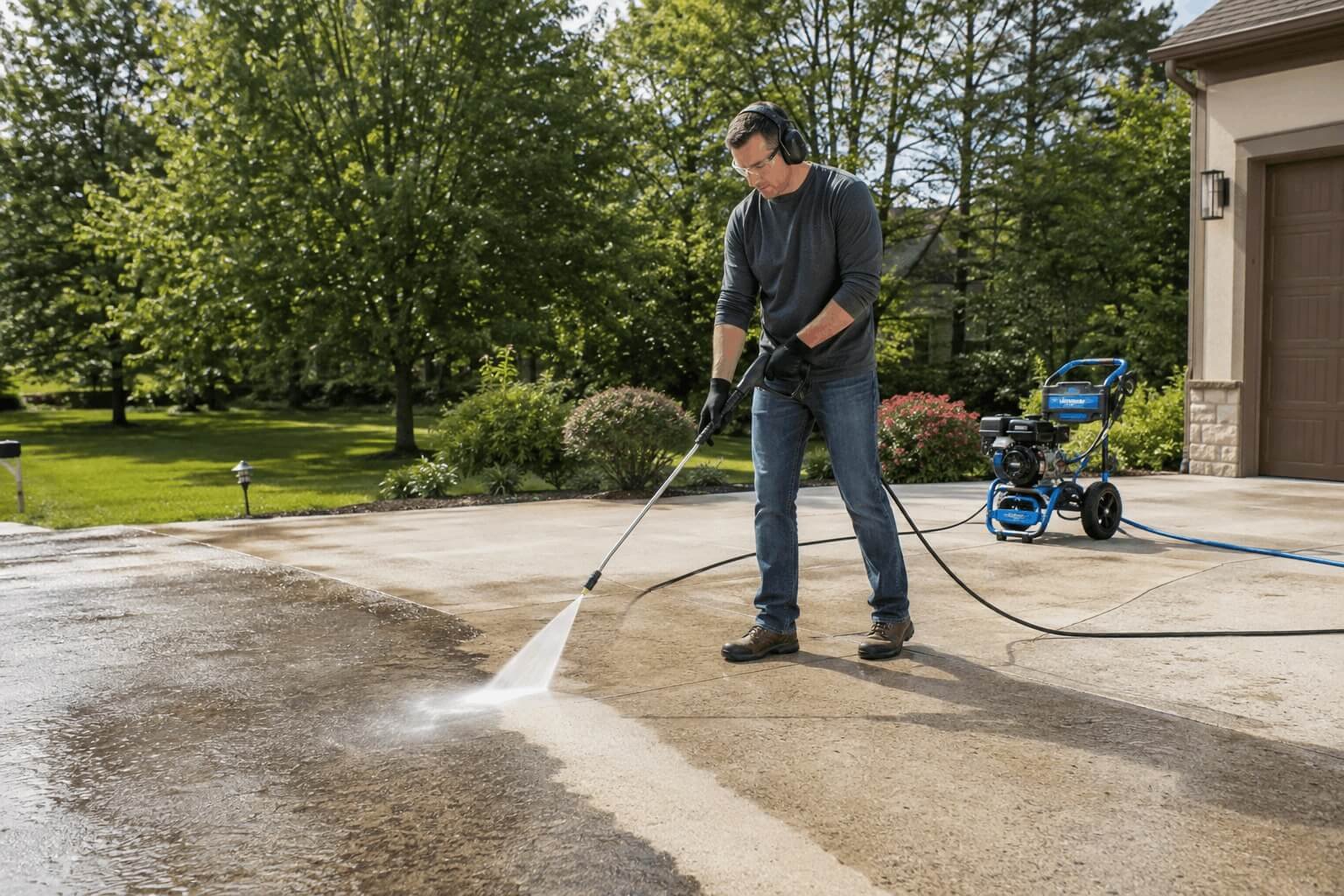 Man using the Westinghouse WPX3400 gas pressure washer to remove dirt and stains from a concrete driveway.