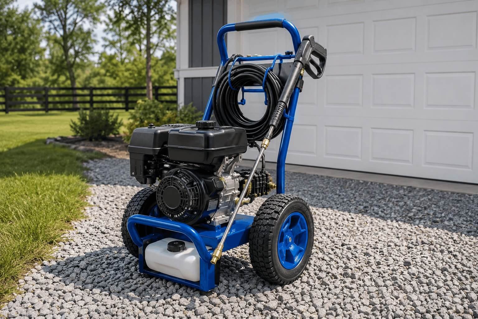 Full view of the Westinghouse WPX3400 pressure washer showing the steel cart frame, 12-inch wheels, hose, and onboard soap tank.