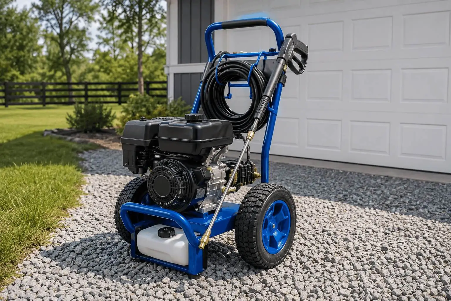Full view of the Westinghouse WPX3400 pressure washer showing the steel cart frame, 12-inch wheels, hose, and onboard soap tank.