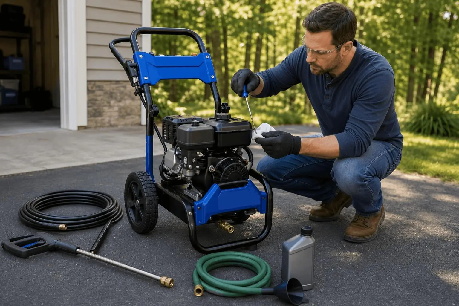 Person assembling and setting up the Westinghouse WPX3400 gas pressure washer with included oil and garden hose connections.