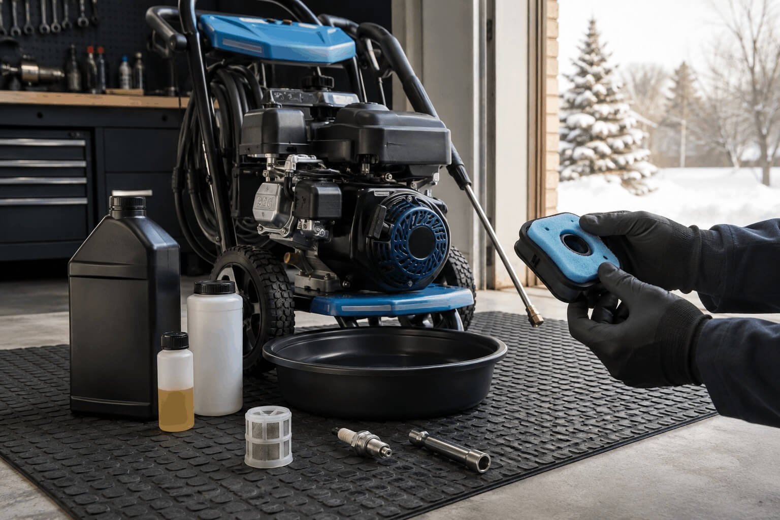 Pressure washer maintenance kit showing engine oil, drain pan, spark plug, and a clean air filter element being inspected.