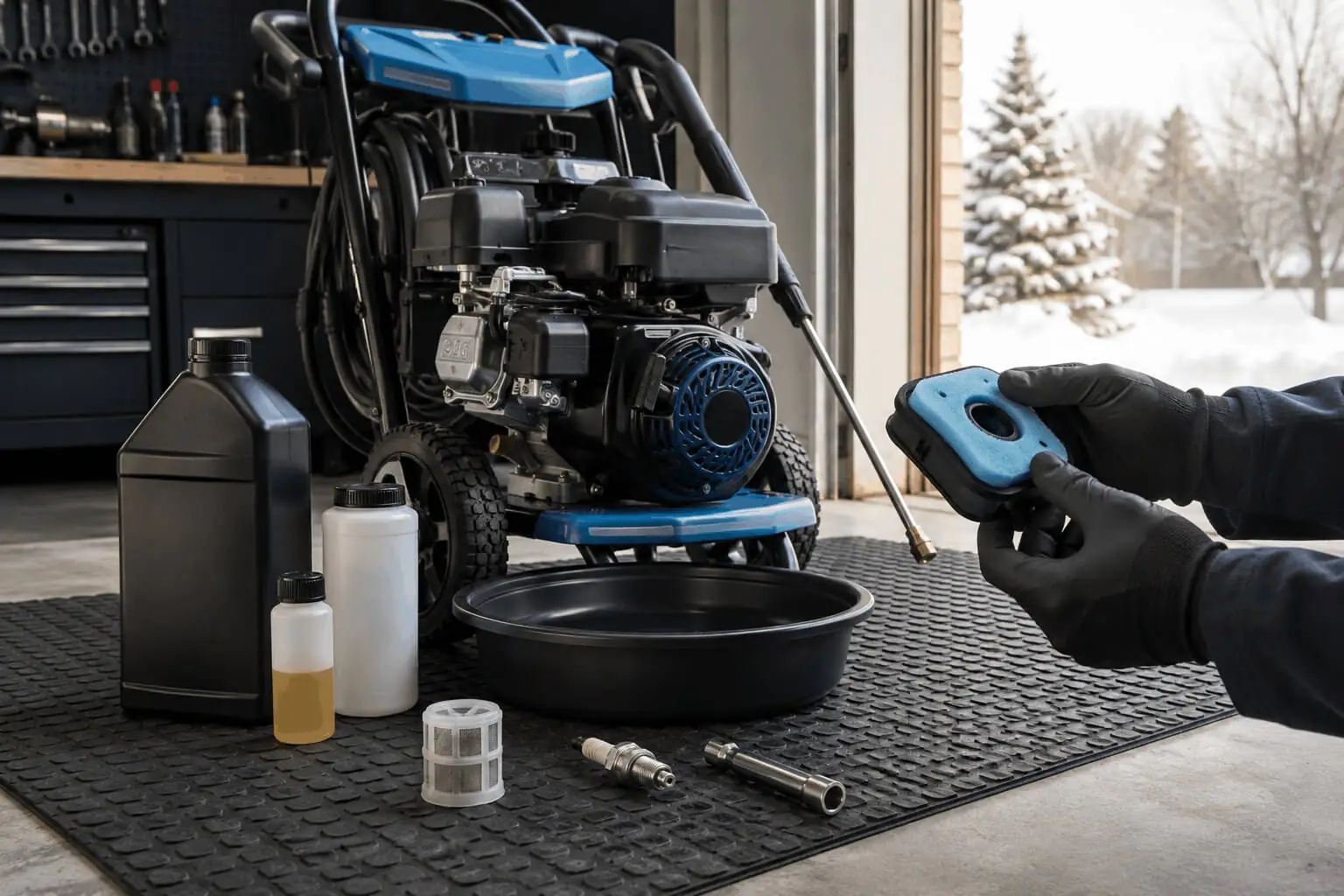 Pressure washer maintenance kit showing engine oil, drain pan, spark plug, and a clean air filter element being inspected.