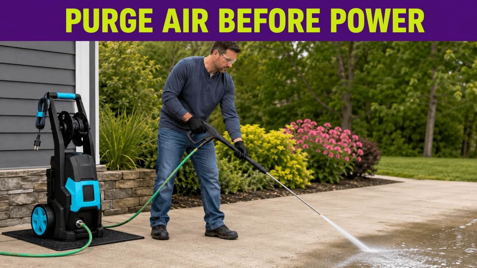 Man purging trapped air from pressure washer hose and spray gun before turning on power