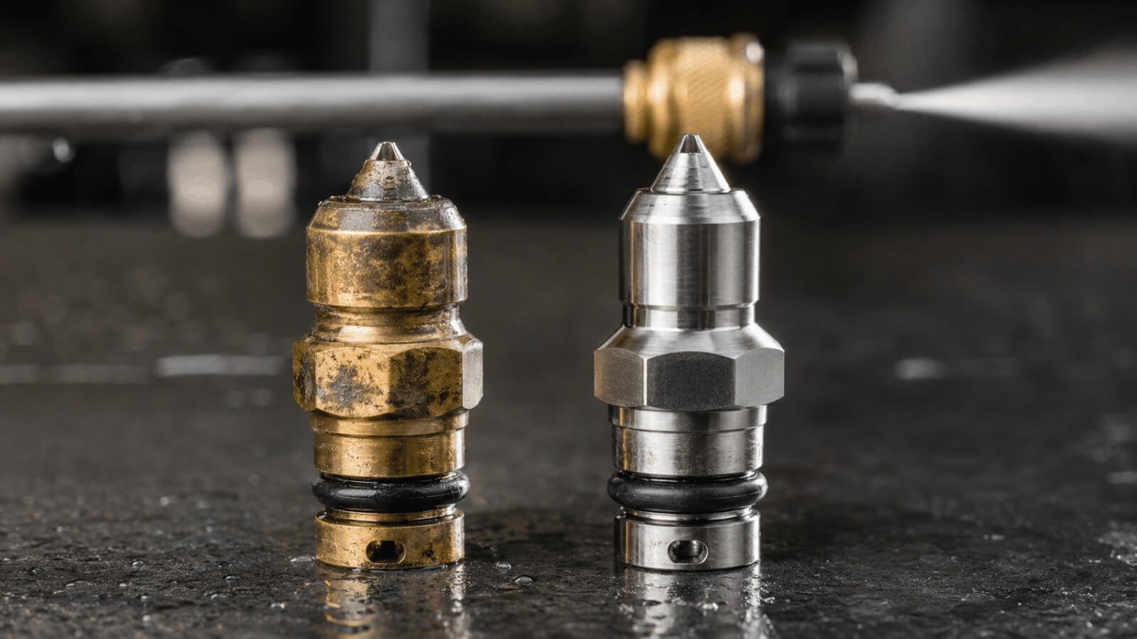 Comparison between worn brass and durable stainless steel pressure washer nozzle orifice cores