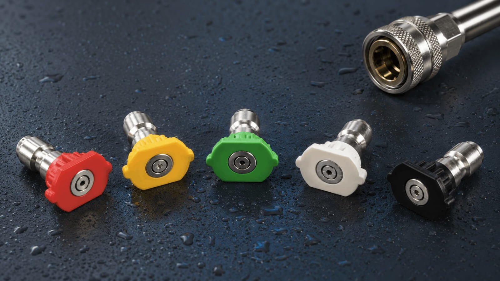 Five-piece stainless steel quick connect pressure washer nozzle set with wand coupler