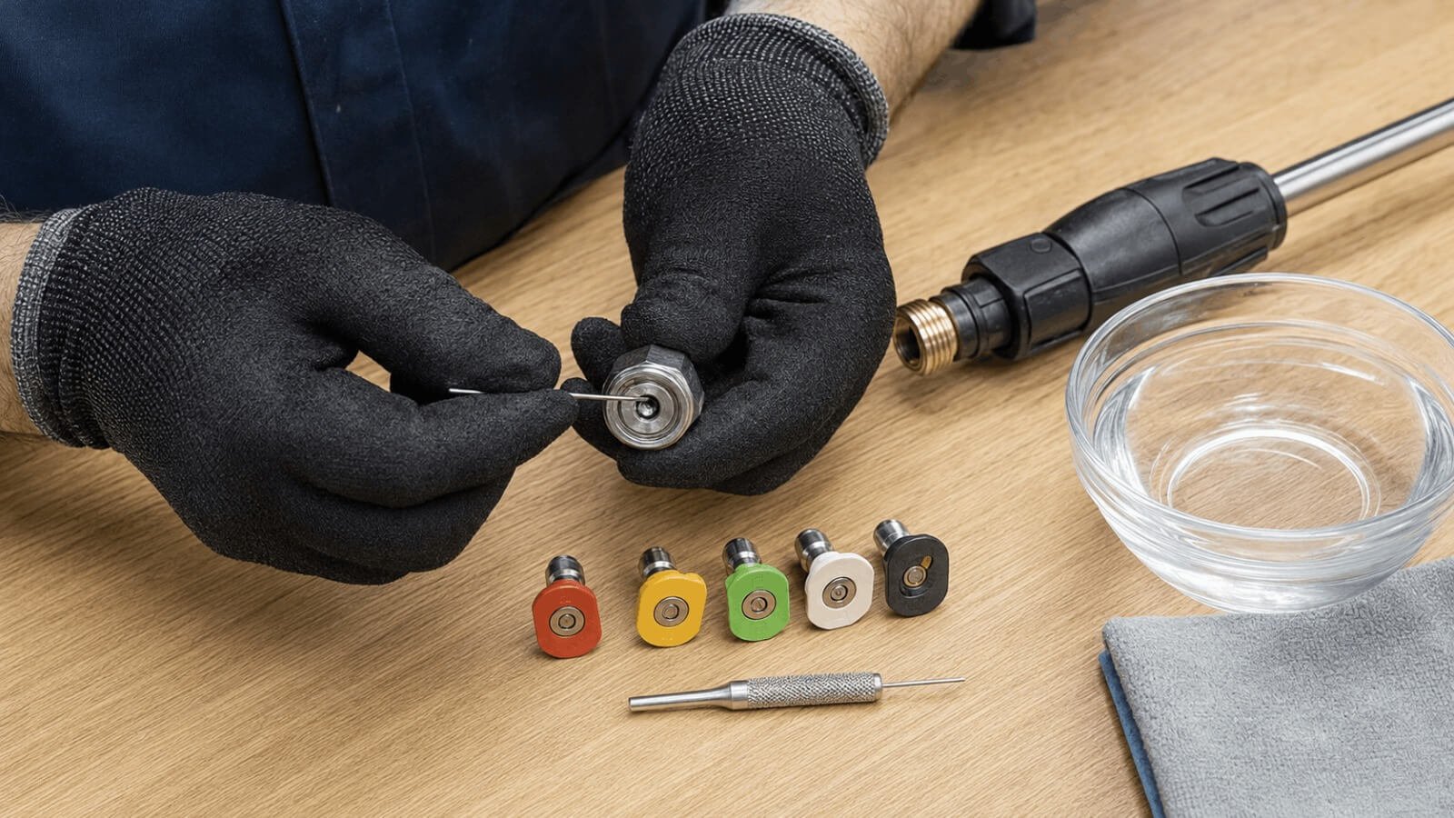 Using a metal nozzle cleaning pin tool to unclog debris from a pressure washer spray tip