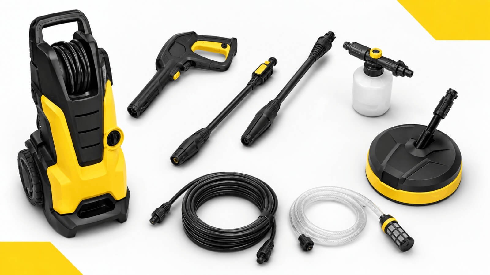 Complete set of Karcher K5 accessories including hose, spray lances, foam nozzle, and patio cleaner