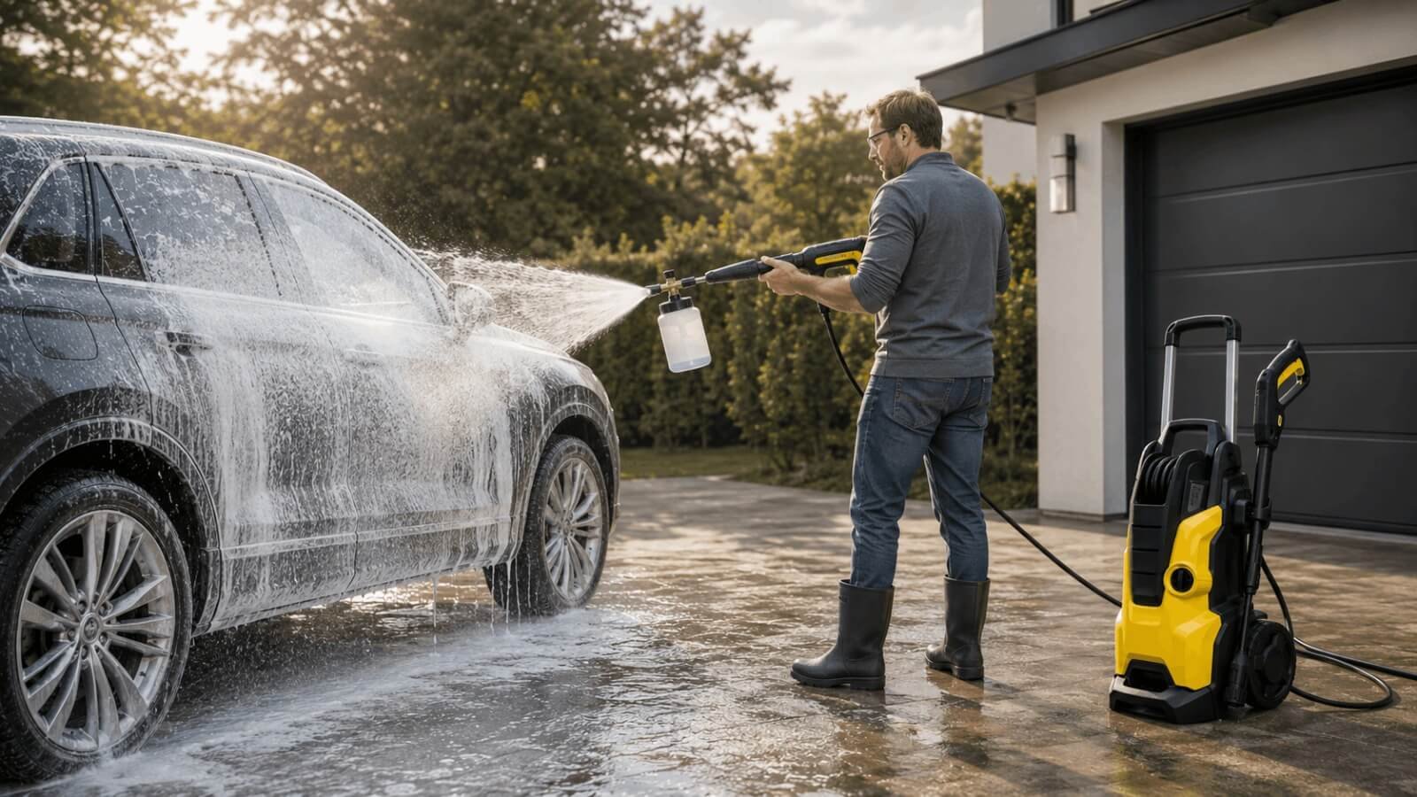 Washing a car with thick snow foam using the Karcher K5 foam cannon attachment